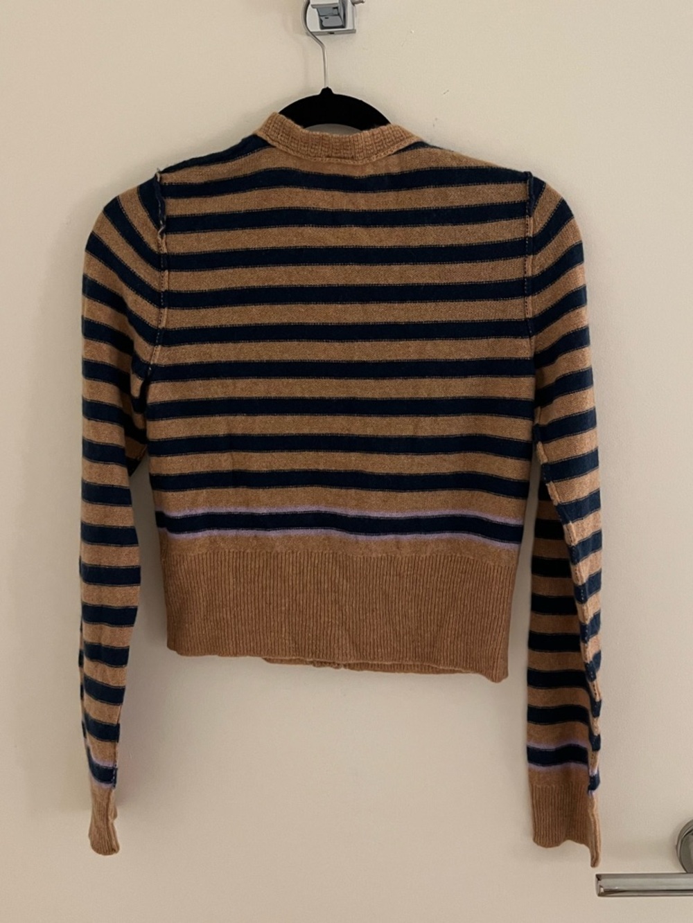 Free People Sailor Cashmere Striped Navy Blue and Tan Cardigan Sweater [Size S] - Picture 4 of 6